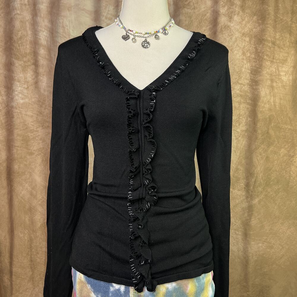 Vintage Beaded Sweater Black Ruffled Trim Long Sleeve V Neck Whimsigoth 90s Goth